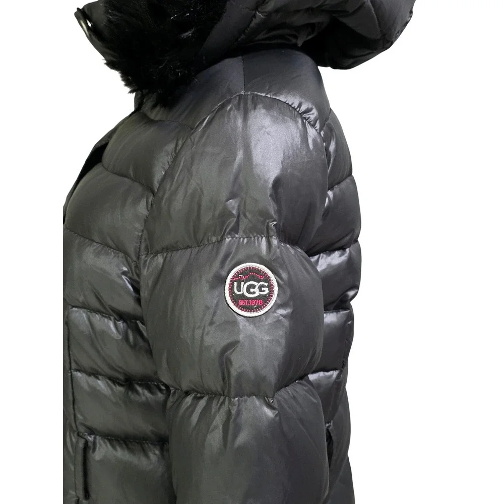 UGG Puffer Jacket Womens S Black Faux Fur Hooded Parka Quilted Zip‎